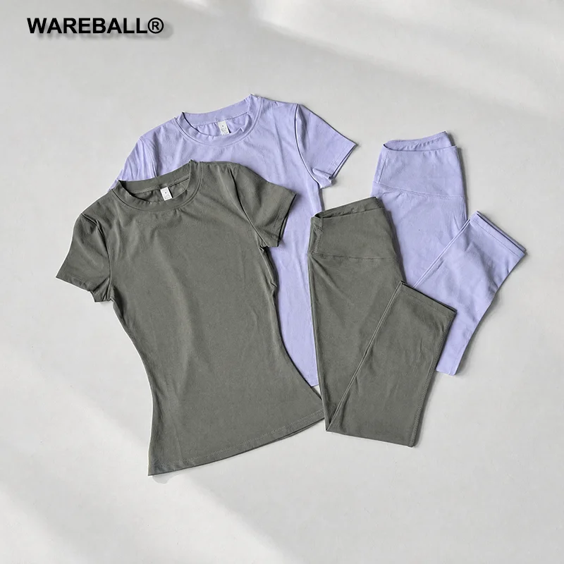 WAREBALL Комплект из 2 предметов: спортивный топ с коротким рукавом, спортивные леггинсы, капри, одежда для тренажерного зала, комплект для тренировок и бега.