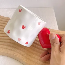 Cute Ins Style Love Polka Dot Ball Handle Ceramic Irregular Mug Couple Ceramic Water Coffee Breakfast Cup White and Red Mug