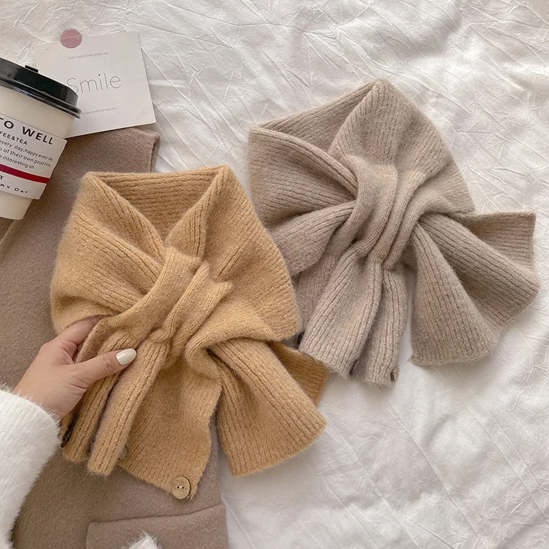 Autumn and Winter Cross Knitted Scarf Short Women's Scarf Korean Edition Color Blocked Scarf Winter Warm Button Neck Cover
