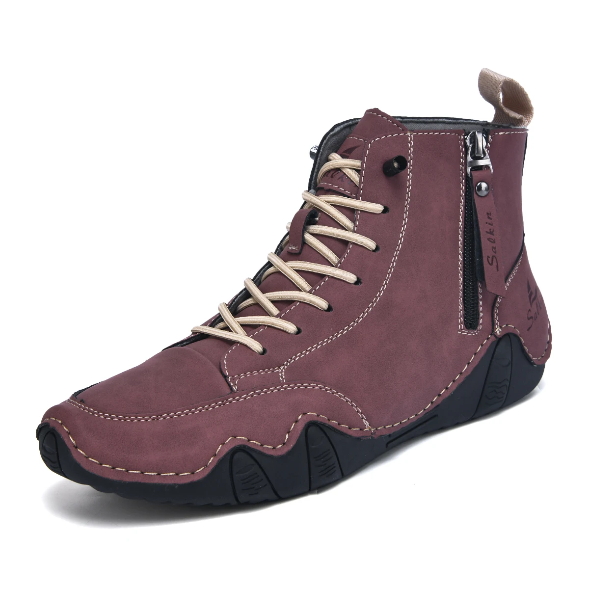 

2026Men's Hand-Stitched Vintage Boots, Fashionable Solid Color Side Zipper High-Top Casual Shoes,Spring and Autumn Everyday Wear