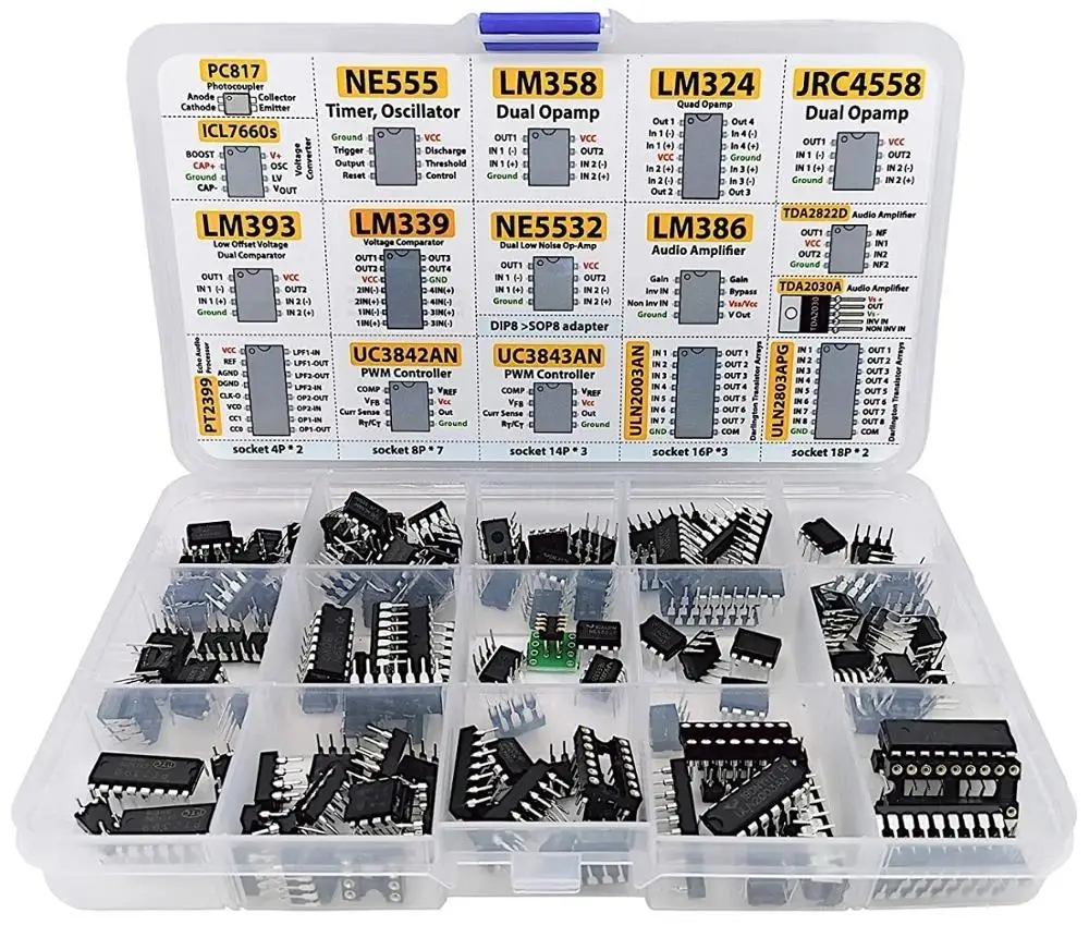 150pcs DIP Integrated Circuit Chip IC Boxed Chip Assortment Amplifier PC817 ICL7660 NE555 LM358 JRC4558 LM393 LM339 TDA2030A PT2