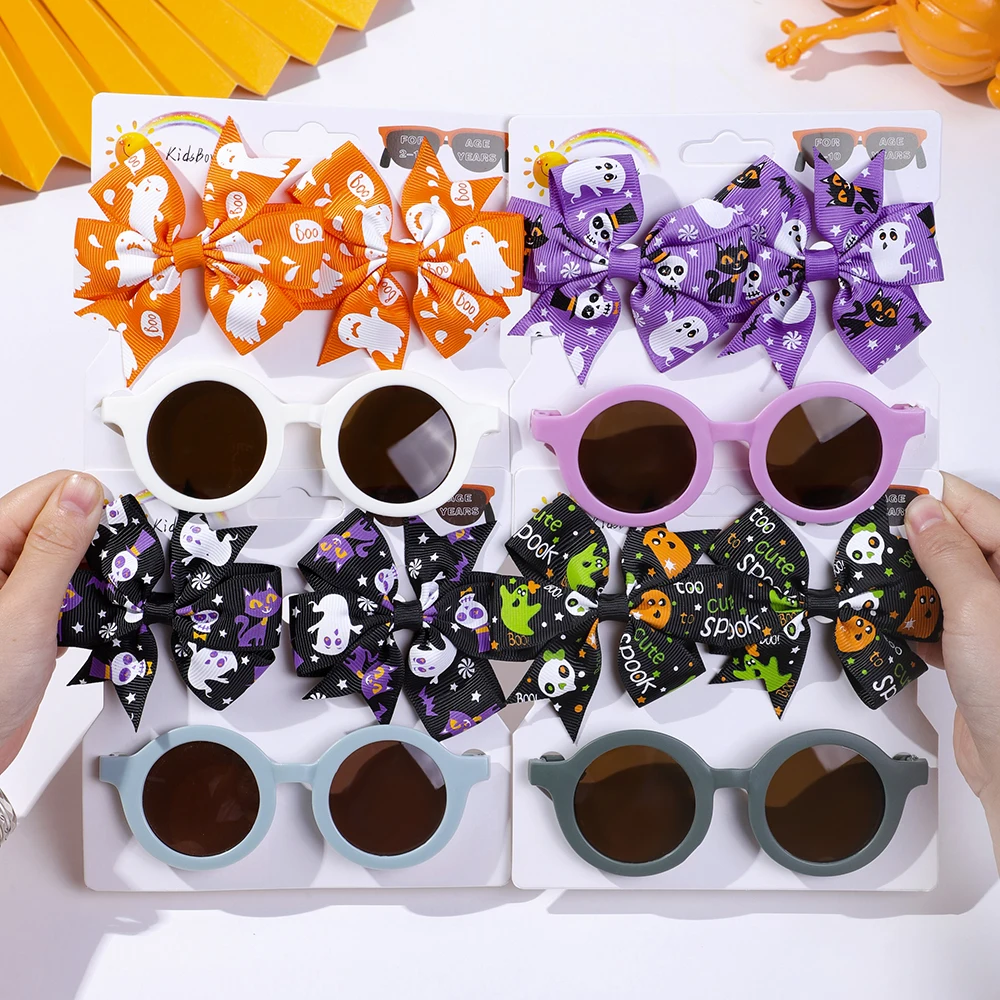 Halloween Funny Bow Hair Clip Glasses Gift Set Sunflower Bow Halloween Elements Silk Hair Clip Retro Glasses for Kids Headwear