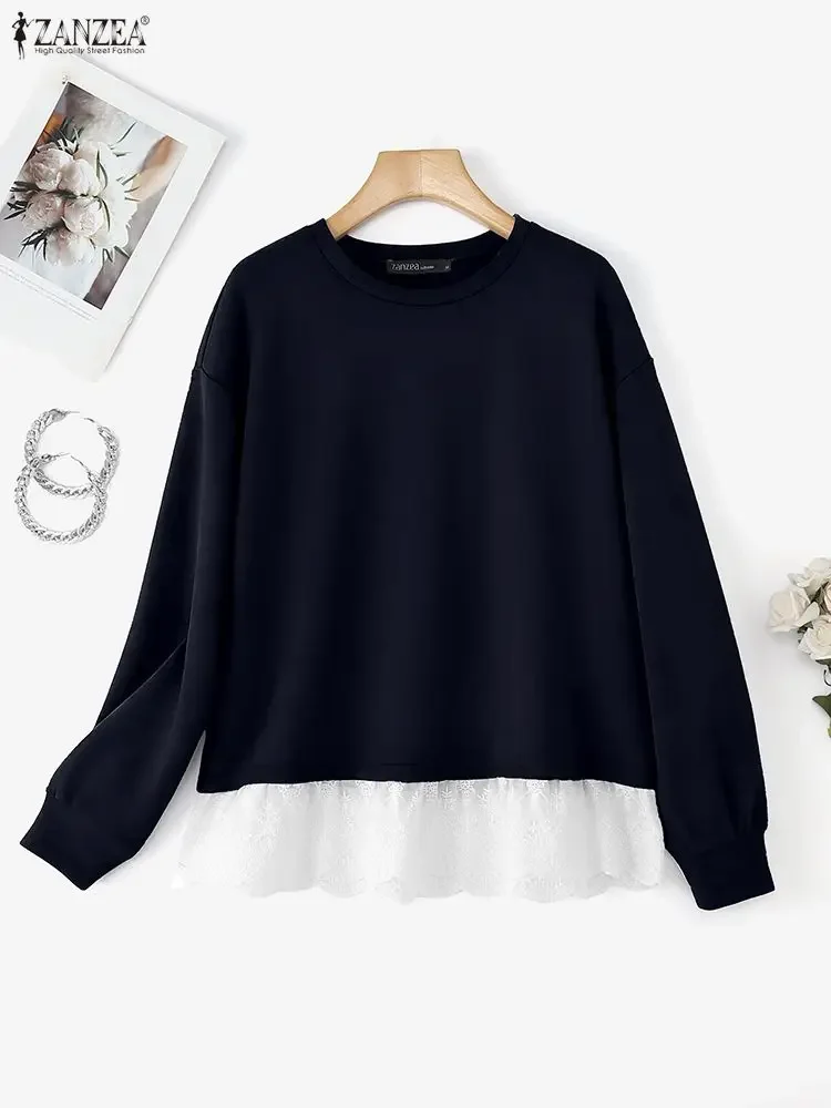 2025 ZANZEA Fashion Women Pullovers Sweatshirts Lace Patchwork Solid Jumpers Autumn Long Sleeve Casual Elegant Street Blusas