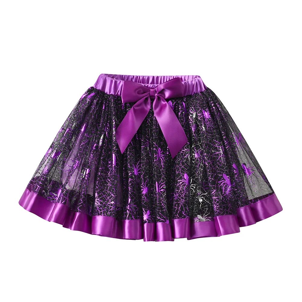 VIKITA Girls Halloween Festival Cosplay Skirt Kids Cobweb Purple Mesh Tulle Ruffles Party Dress Up Mini Skirts Children Clothes