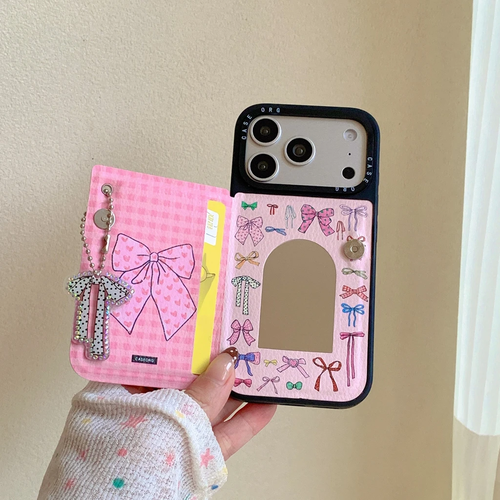 

Sweet Cute Pink Bowknot Multifunctional Flip Case Card Mirror With Pendant Phone Cover Case for iPhone 17 16 15 14 Pro Max