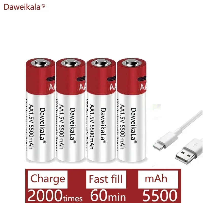 2024New AA USB batería de iones de litio recargable 1,5 V AA 5500mah/batería de iones de litio reloj para juguetes reproductor MP3 termómetro teclado