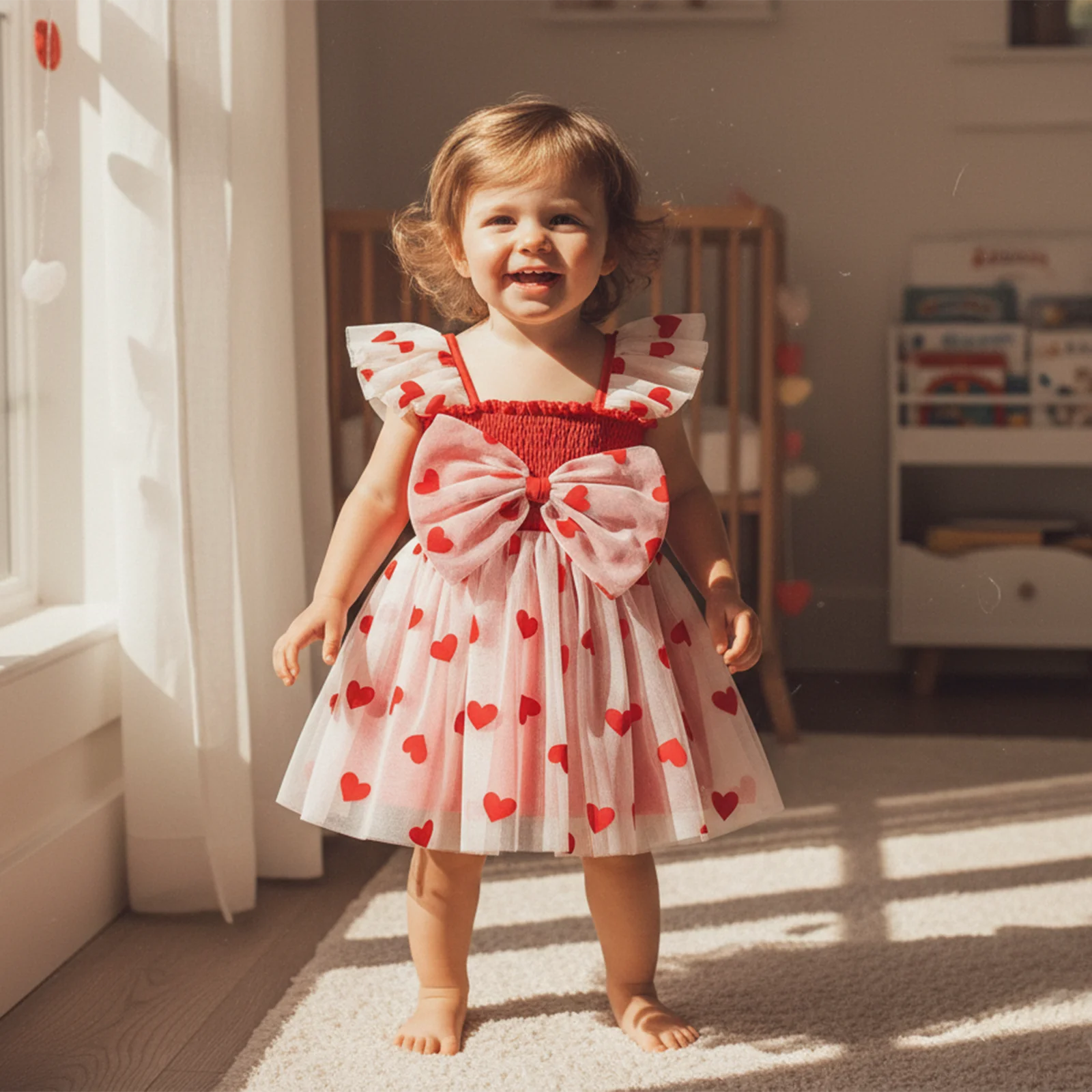 

Милое сетчатое тюлевое платье для маленьких девочек от 0 до 4 лет, весенние платья трапециевидной формы с 3D бантом и развевающимися рукавами в форме сердца на День святого Валентина