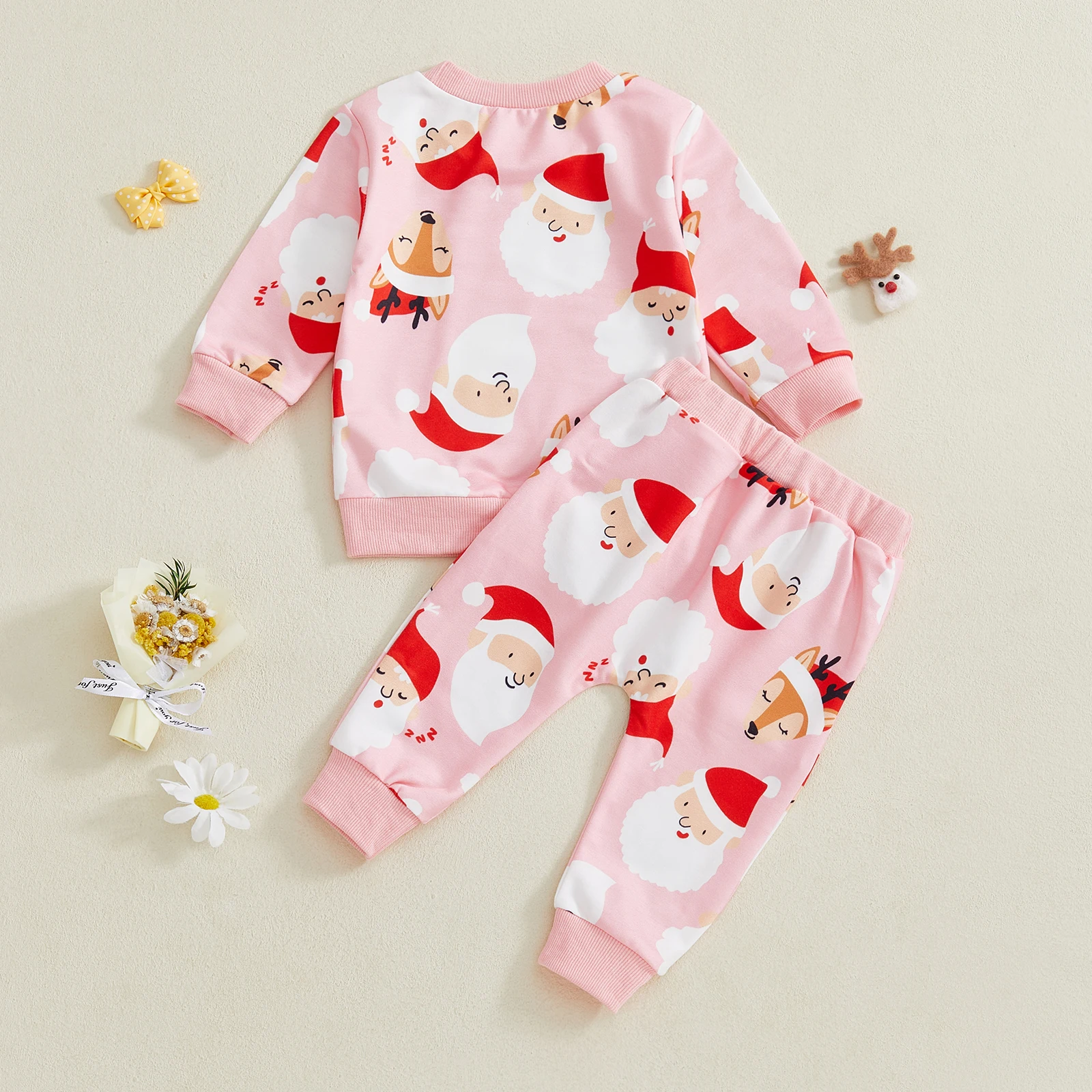 Toddler Girl Christmas Outfits Santa/Bow Print Long Sleeve Round Neck Pullover + Elastic Waist Long Pants 2 Pcs Set