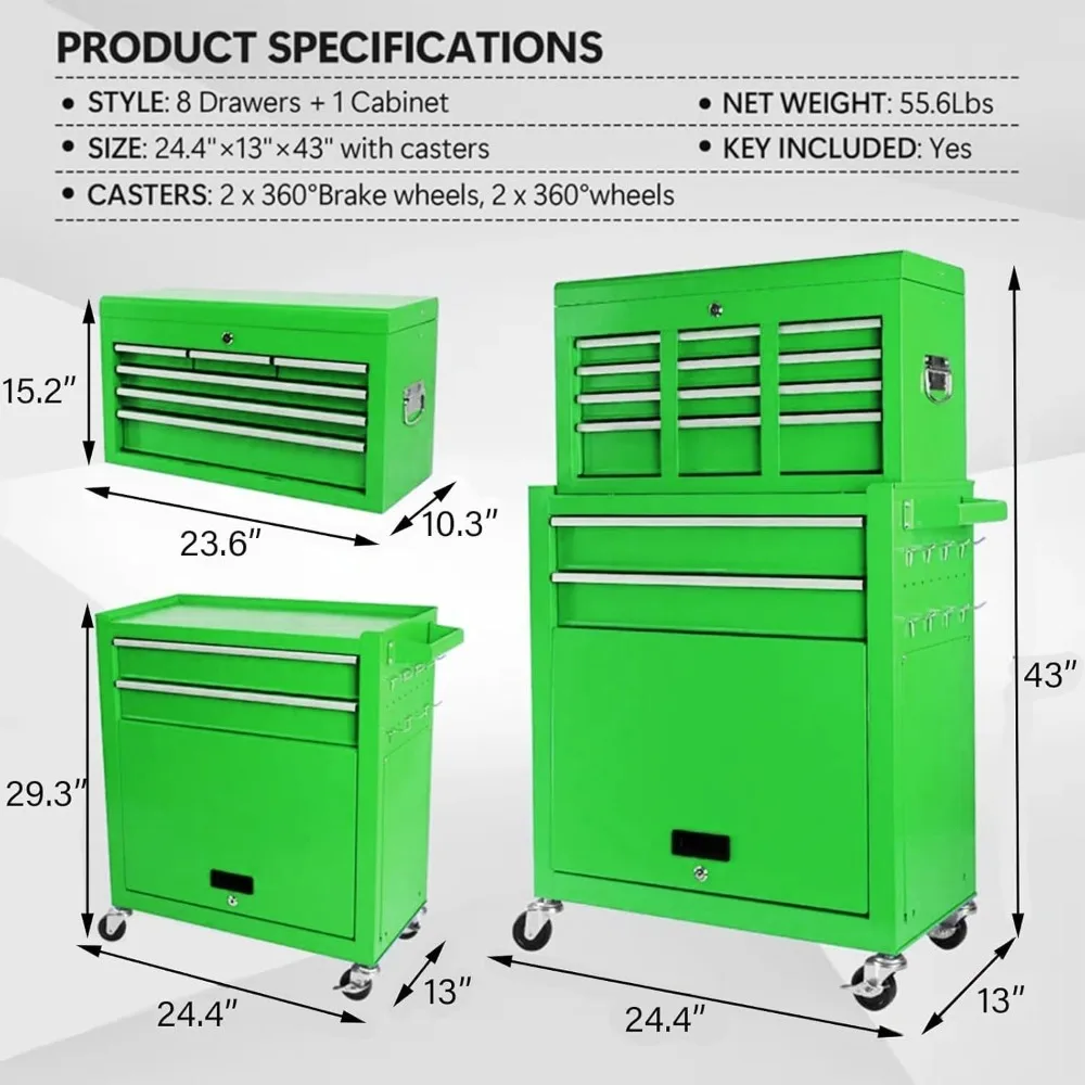 8 Drawers Rolling Tool Chest - Tool Box Organizer with Wheels and Drawers, Detachable Storage Cabinet with Lock for Garage Works