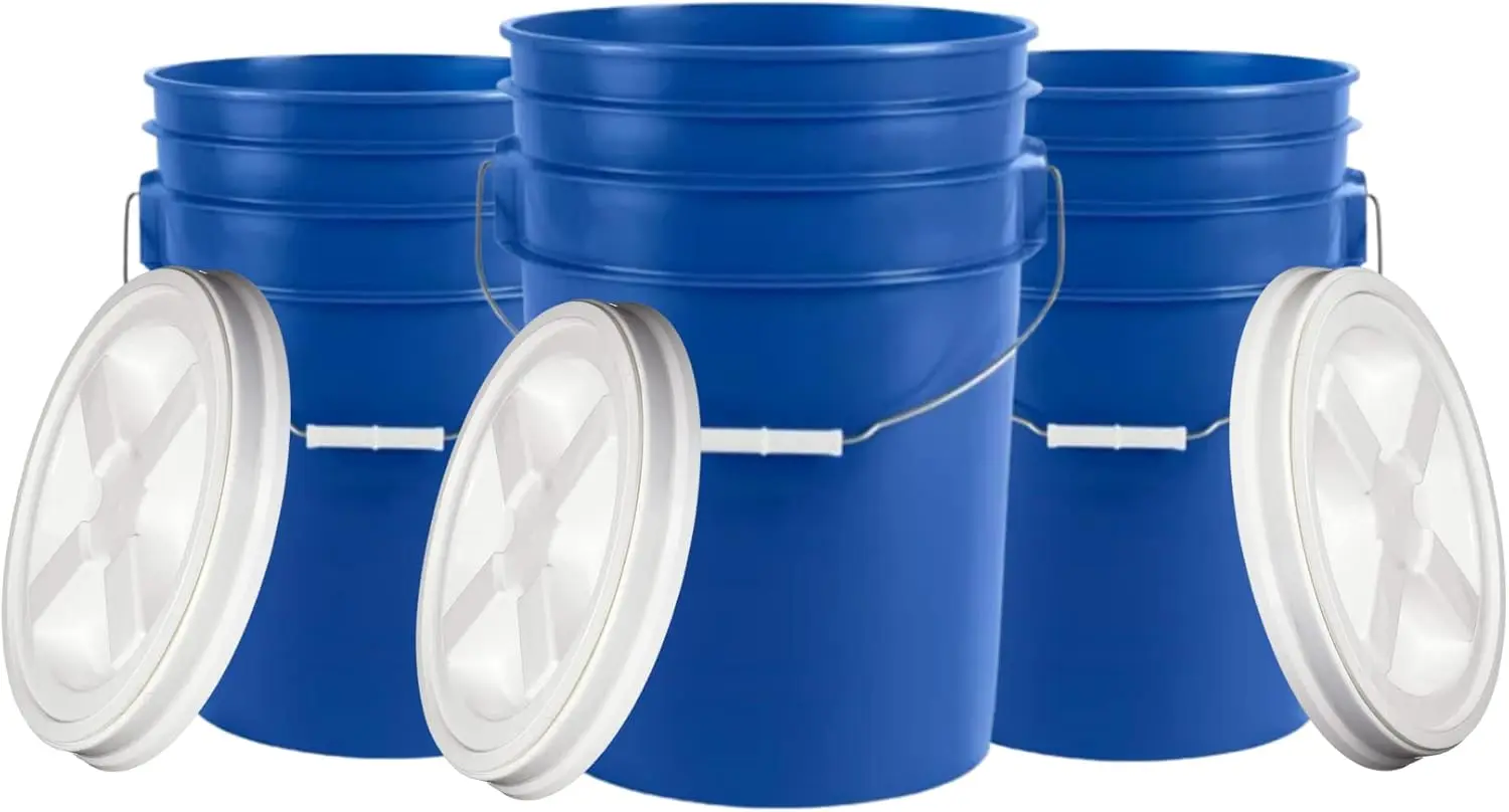 6 Gallon Large Blue Food Grade Plastic Bucket Pail with Air Tight Screw on Lid (Pack of 3)