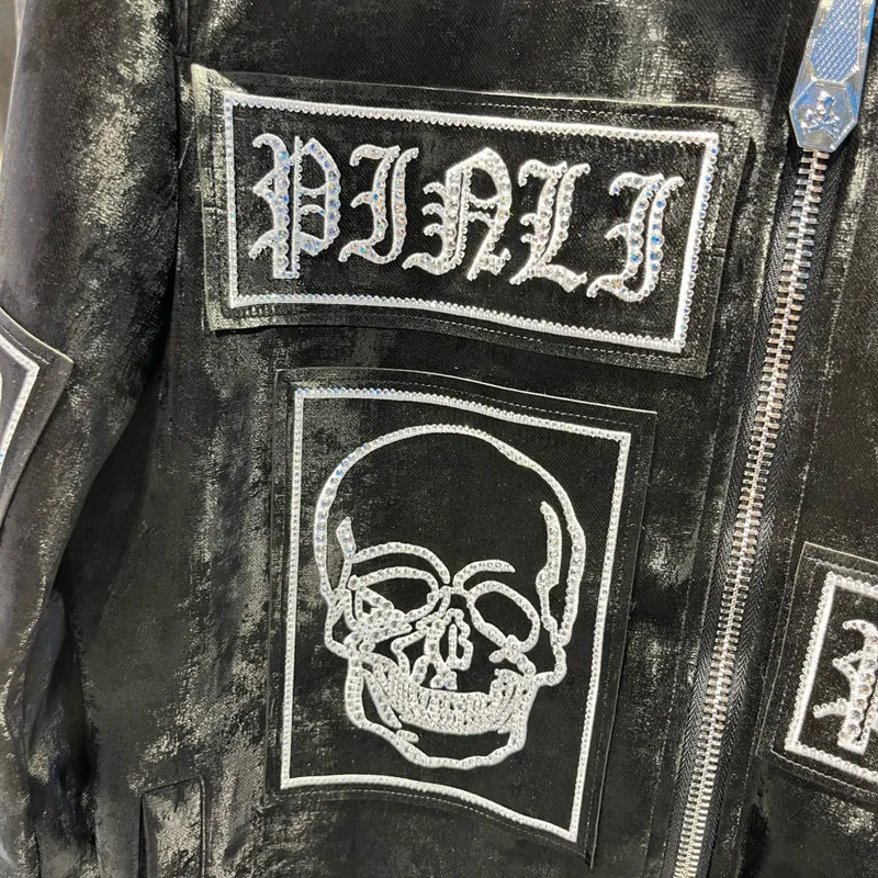 Fashion Rhinestones Skulls PU Jackets Men Coats Black Stand Collar Zipper Motorcycle Faux Leather Coats Jaqueta Motociclista