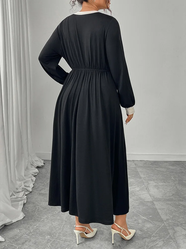 GIBSIE Plus Größe Neue 2025, Herbst Kontrast Bogen Retro Schwarz Langes Kleid Frauen Elegante Oansatz Langarm Elastische A-linie Kleider