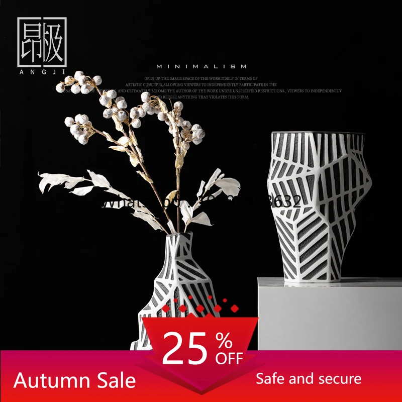 

LYY Black and White Striped Abstract Ceramic Vase Floral Minimalist Living Room Bedroom Decorative Flower Arrangement Ornament