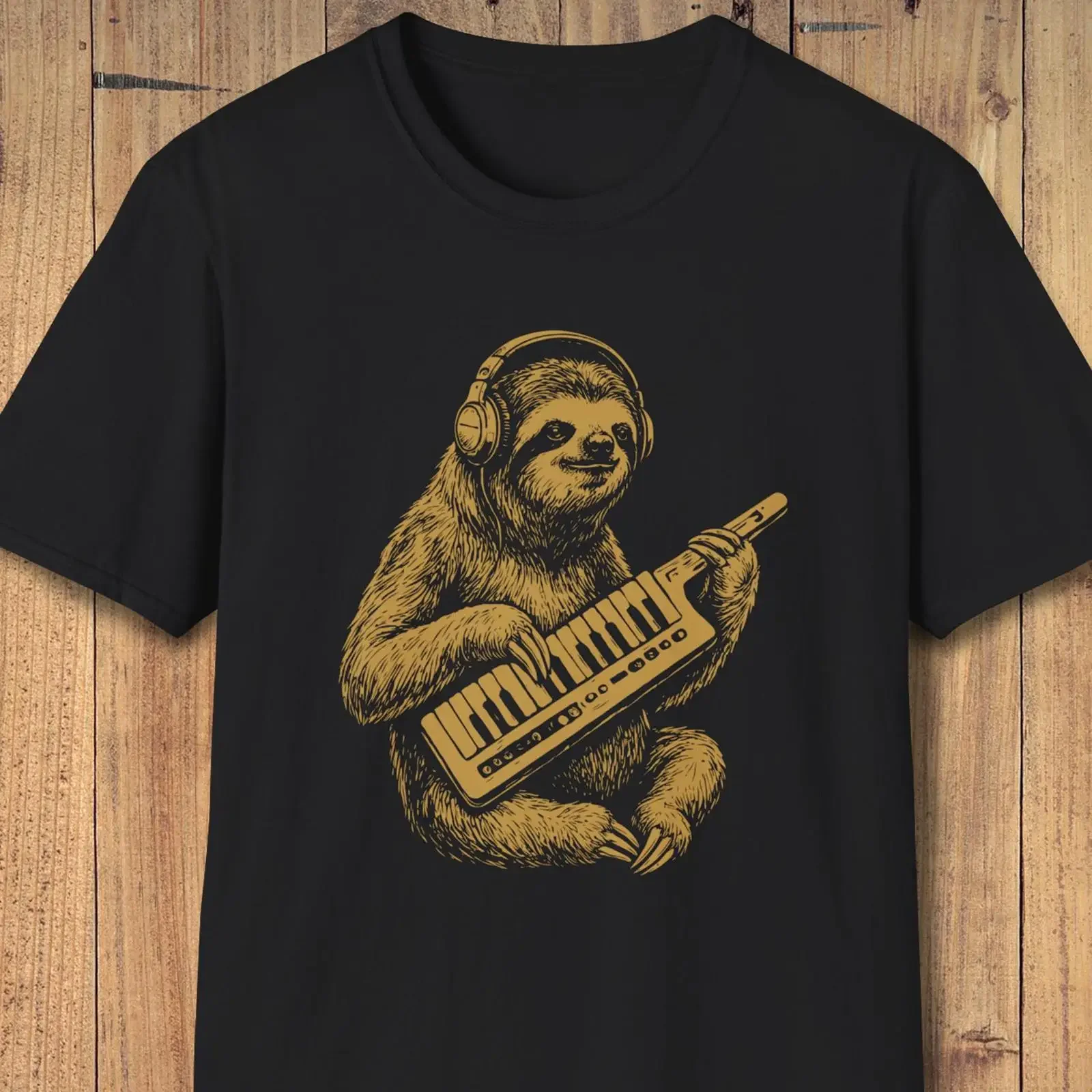 Retro Rocker sloth playing keytar synth T shirt Rock Lovers Funny Music Dad vintage Washed Slightly fashion Comfortable