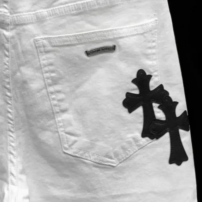 Summer Cotton Elastic Shorts Men\'s American Style Street Fashion Brand Embroidered White Denim Shorts For Men And Women