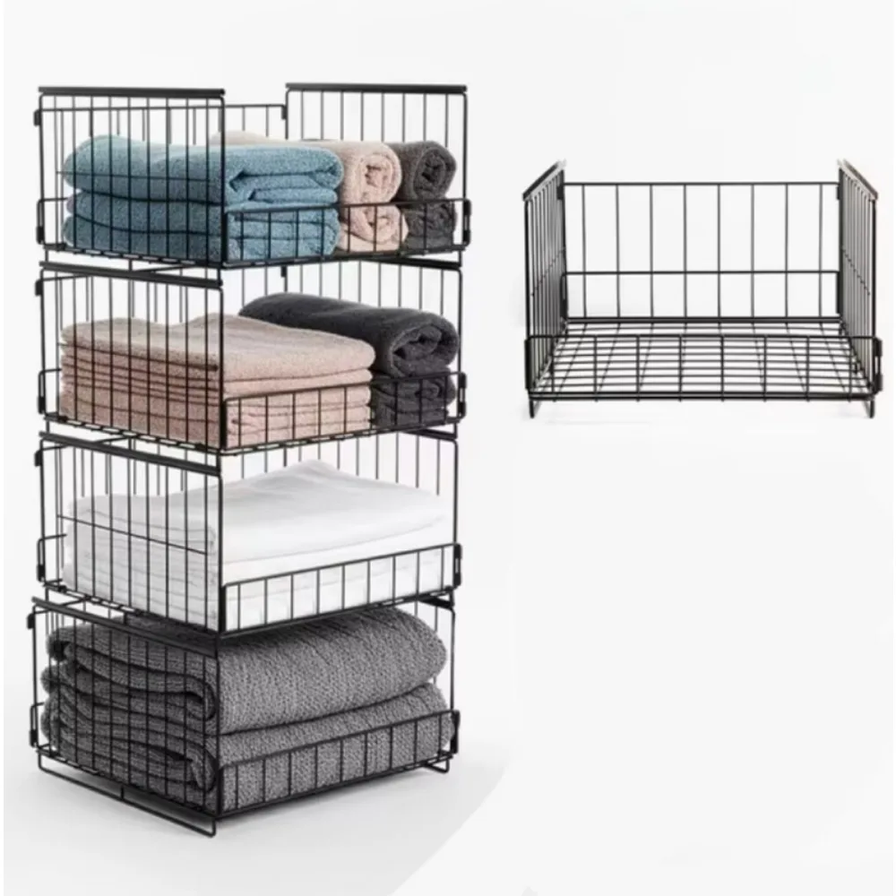 Cesti organizer estraibili per armadio, 4 livelli, contenitori in metallo impilabili con guide scorrevoli per guardaroba, camera da letto, cucina, ufficio, abiti, snack, frutta, verdura, archiviazione