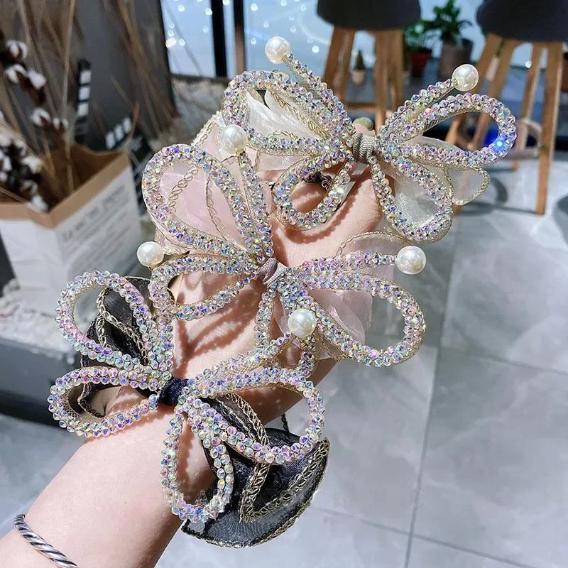 Elegant Large Bow Elastic Hair Bands Fabric Scrunchies Crystal Butterfly Girls Jewelry Rhinestone Headbands for Women Headpiece