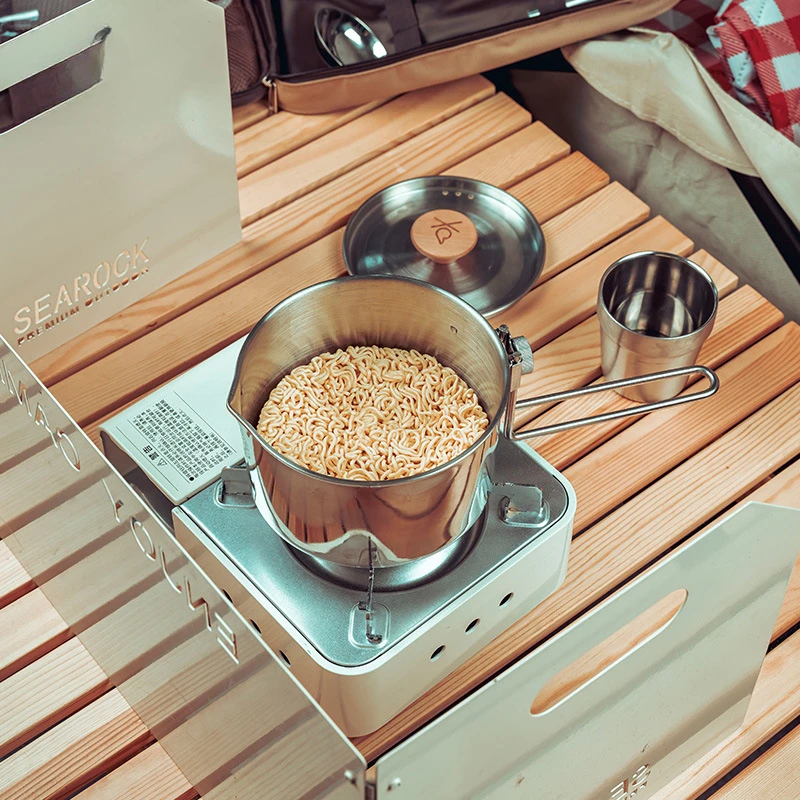 الظهر مخيم الفولاذ المقاوم للصدأ مقبض قابل للطي الطبخ المحمولة طقم أواني الطبخ في الهواء الطلق موقد وعاء الطبخ عموم مجموعة للتخييم