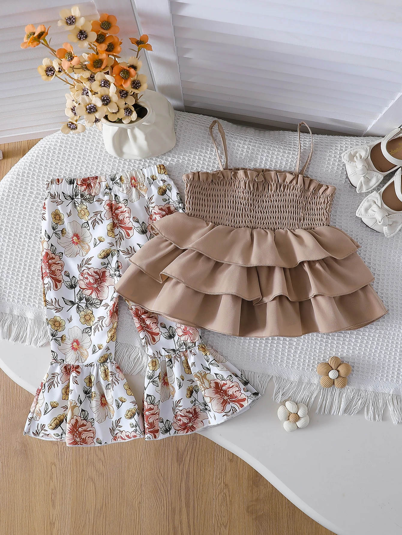 New Summer Baby Girls' Bodysuit Cake Dress with Flared Pants Two-Piece Set