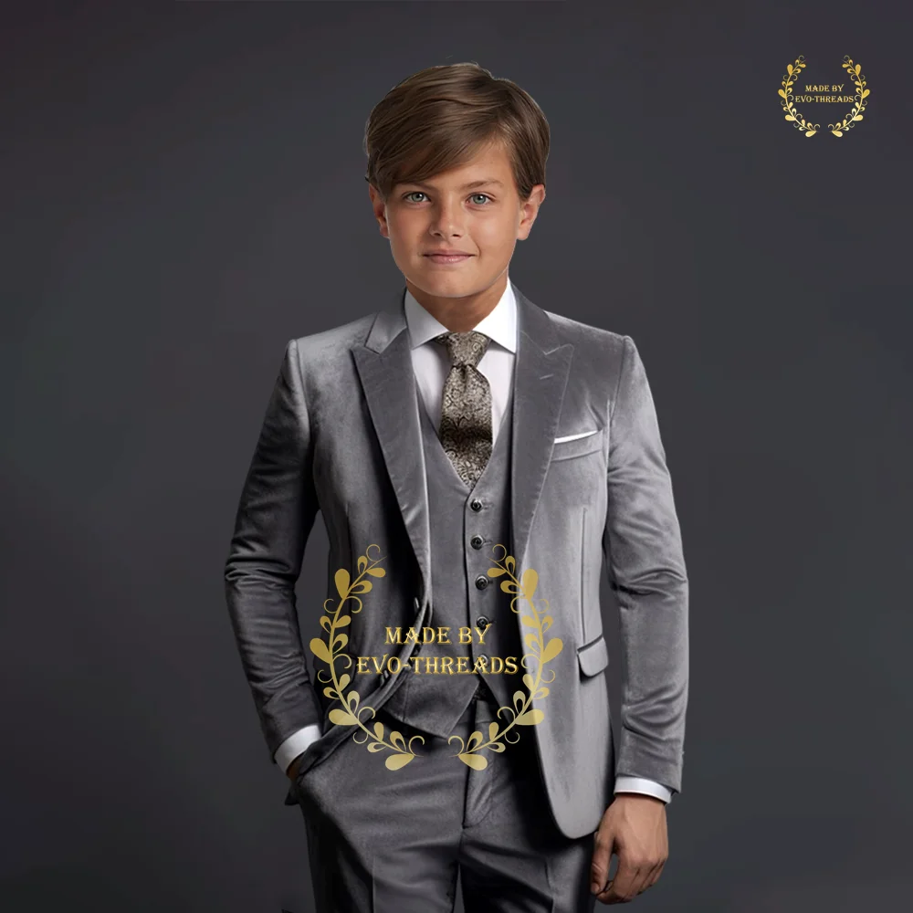 

Boy Grey Formal Suit Children's King Wedding Show Host Costume Kids Blazer Vest Pants 3-piece Clothing Set Custom Velvet Tuxedo