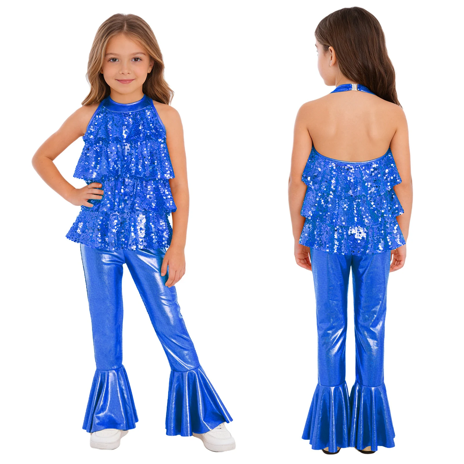 Kinderen Meisjes Metallic Glanzende Pailletten Gelaagde Ruches Jumpsuit Jazzdansvoorstelling Kostuum Mouwloze Rugloze Uitlopende Body