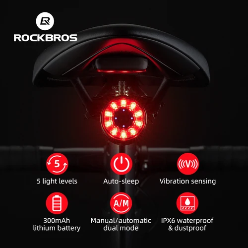ROCKBROS luz trasera inteligente para bicicleta Q1MAX 5 modos de iluminación Sensor de freno a prueba de agua luz trasera inteligente carga tipo C accesorios para bicicleta