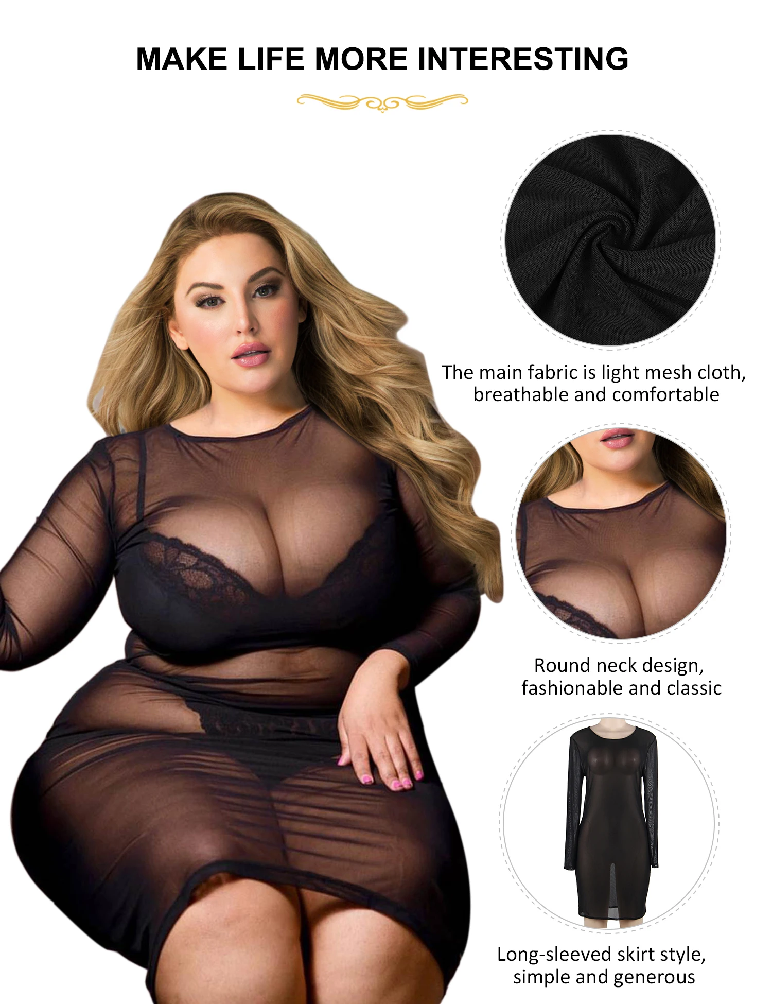 Ohyeahlady Women Sexy Mesh Long Sleeve Black Nightgowns Mini Dress Plus Size Black Sleepwear See Through Curve Babydoll Lingerie