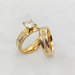 24k ouro preenchido 316l jóias de aço inoxidável cz diamante anéis de casamento conjuntos para mulheres meninas senhoras presentes de noivado