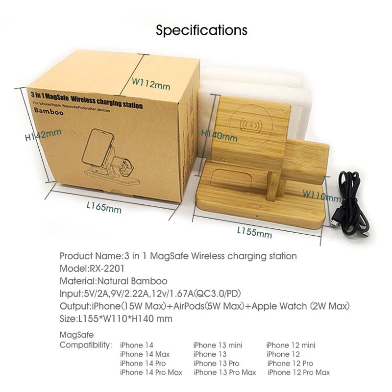 Bamboo 3 in 1  iPhone Wireless Charging Station 15W Charger Stand Dock for iPhone 14/13/12/11 iWatch se7/6/5/4 Airpods 4/3/2