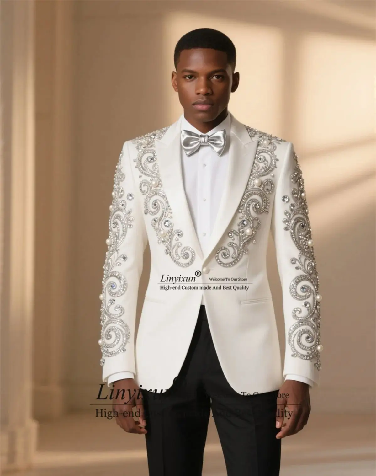 

Formal Peaked Label Wedding Suit For Men High End Diamond Crystal Tuxedos Groom Party Male Blazers Customized Party Ropa Hombre
