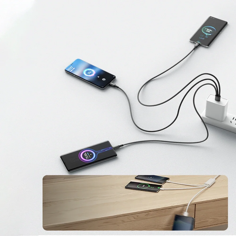 3 in 1 USB A to 3x Type C Fast Charging Cable 100W 6A High Speed Data Transfer for Samsung S24 Xiaomi Huawei Android