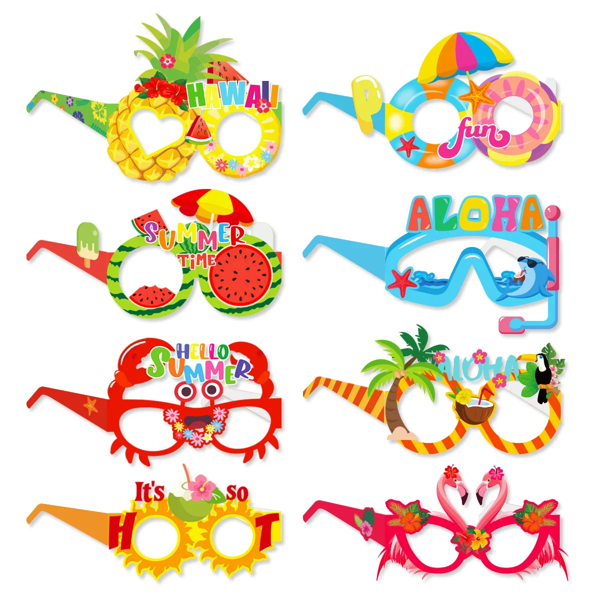 8pcs/Set New Hawaiian Party Glasses Wholesale Photo Decoration Props Flamingo Pineapple Paper Glasses Funny Decoration Glasses