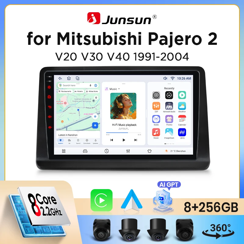 Image of Junsun Wireless CarPlay Android Auto Autoradio für Mitsubishi Pajero Mk2 (V20/V30/V40) 1991-2004 mit integriertem Lüfter, Android GPS-Navigation, Multimedia-Player, WiFi, DSP, RDS, BT, SWC,
