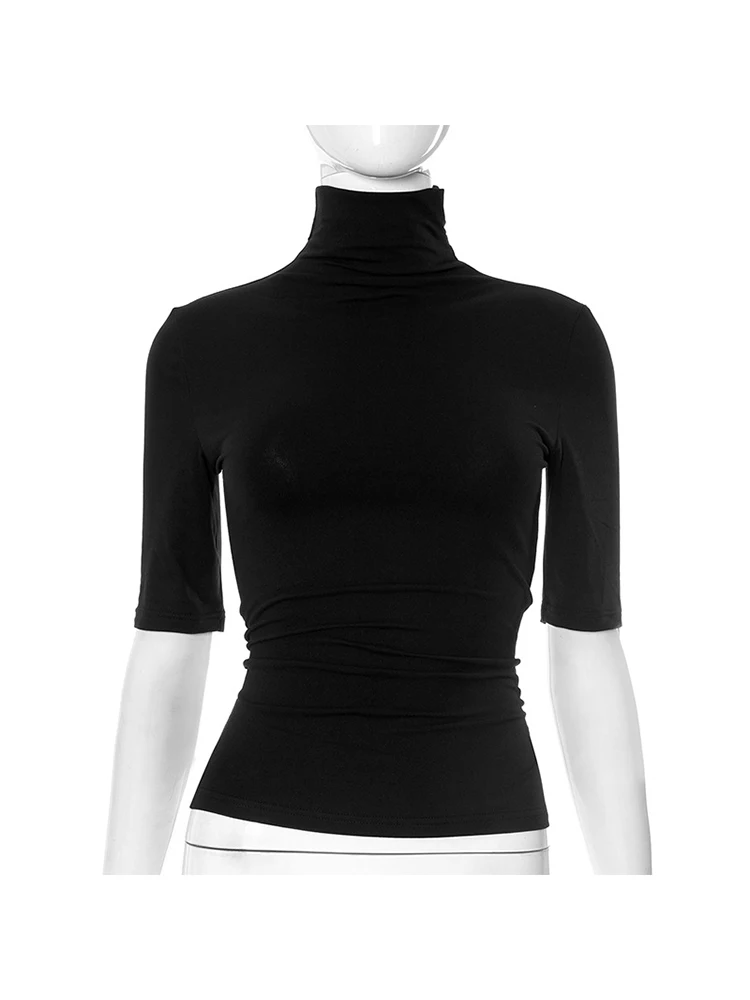 Damen Rollkragenpullover mit Halben Ärmeln, Figurbetontes Strick-Oberteil, Einfarbig, Dehnbar, Basis-Layering-Shirt für Büro und Alltag – Detail 22