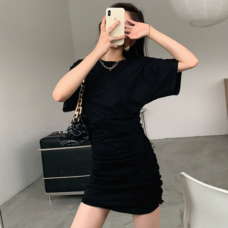 Black Hip-covering Dresses Women Summer Short Sleeve Folds Design Slim Abdomen Sexy Tight Fashion Hotsweet Girlish Feminine