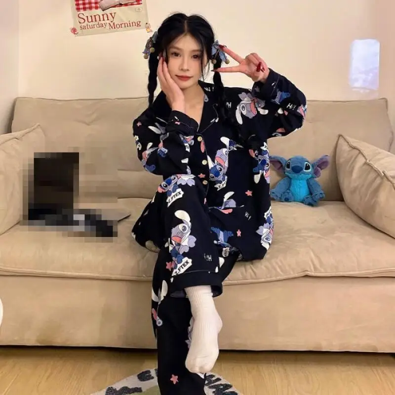 

Новый модный комплект пижамы с длинными рукавами для женщин: топ и брюки с милым мультяшным принтом в стиле аниме для дома, весна-осень