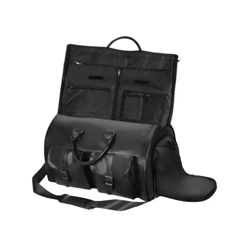 2025 new men's pu leather waterproof business travel large multifunctional foldable suit clothing hand-held shoulder luggage bag