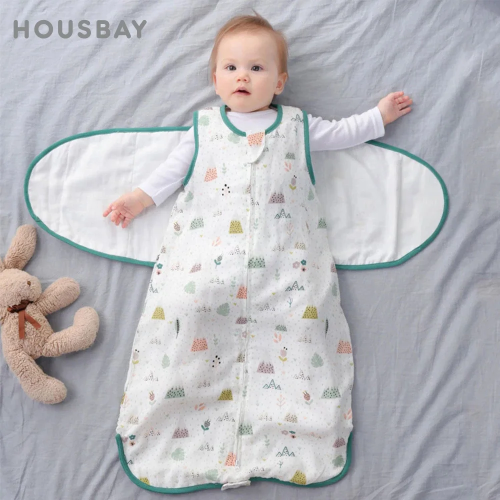 Baby Sleeping Bag Wearable Blanket Newborn Swaddle Wrap Sack Gauze Bamboo Cotton Spring 1Tog Sleep Bag Changing Diaper 0-24M