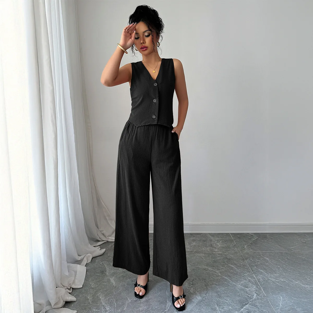 Pant Set Women Two Piece Sets V Neck Sleevelss Vest Tops Solid Wide Leg Long Pants High Waist Y2k Streetwear Elegant Splice