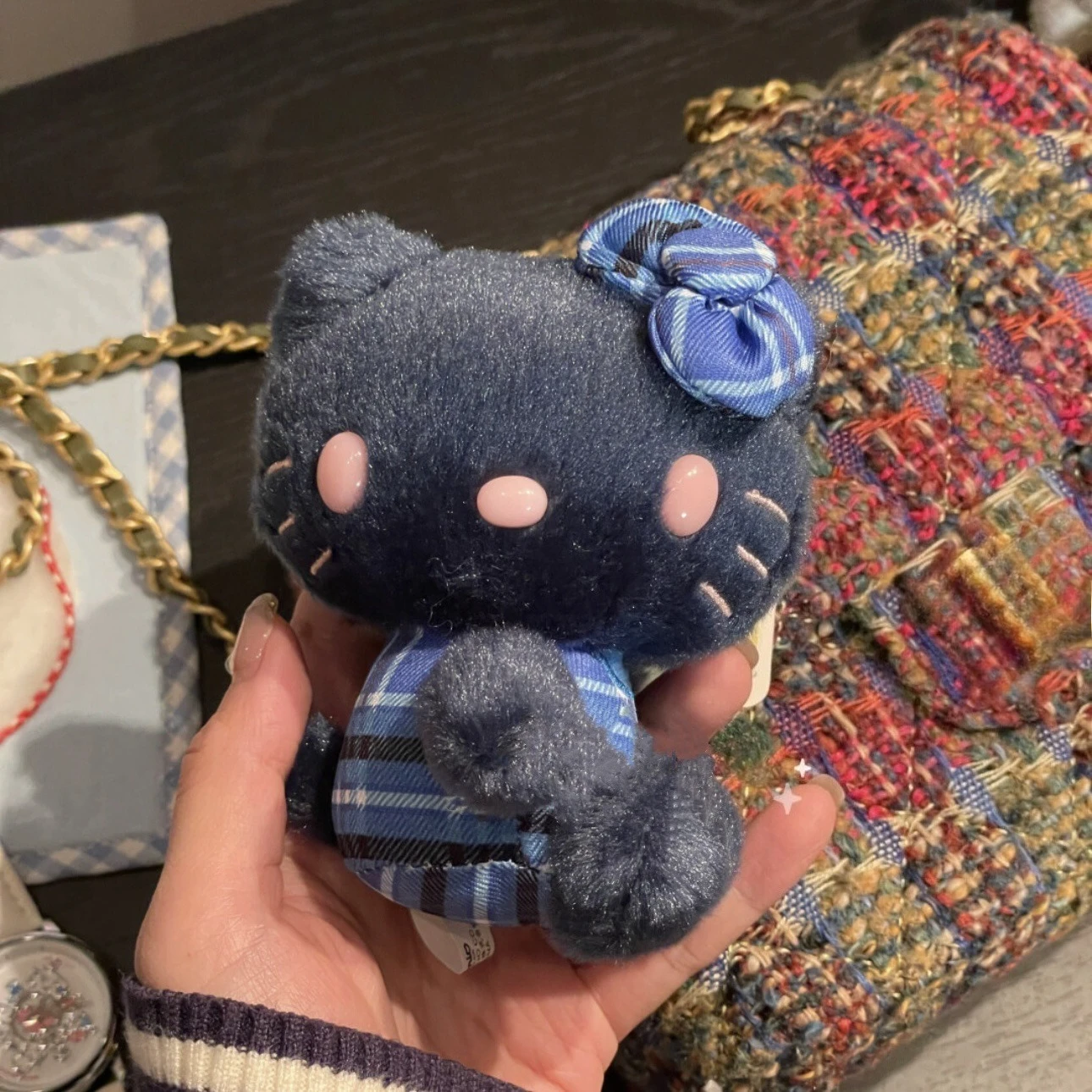 Dark Blue Plaid Hello Kitty Plush Keychain Elegant Side Sitting