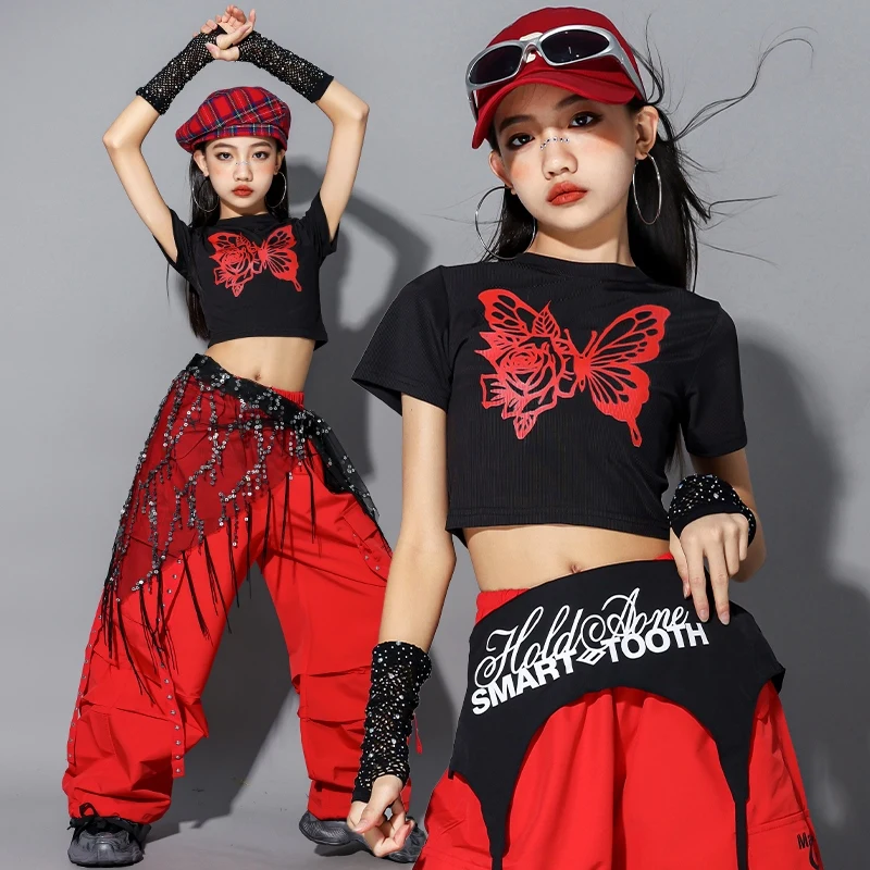Jazz Dance Costumes Kid Girls Kpop Stage Outfit Red And Black Trendy Suit Crop Top Shuffle Pants Hip Hop Street Dance Wear 2362