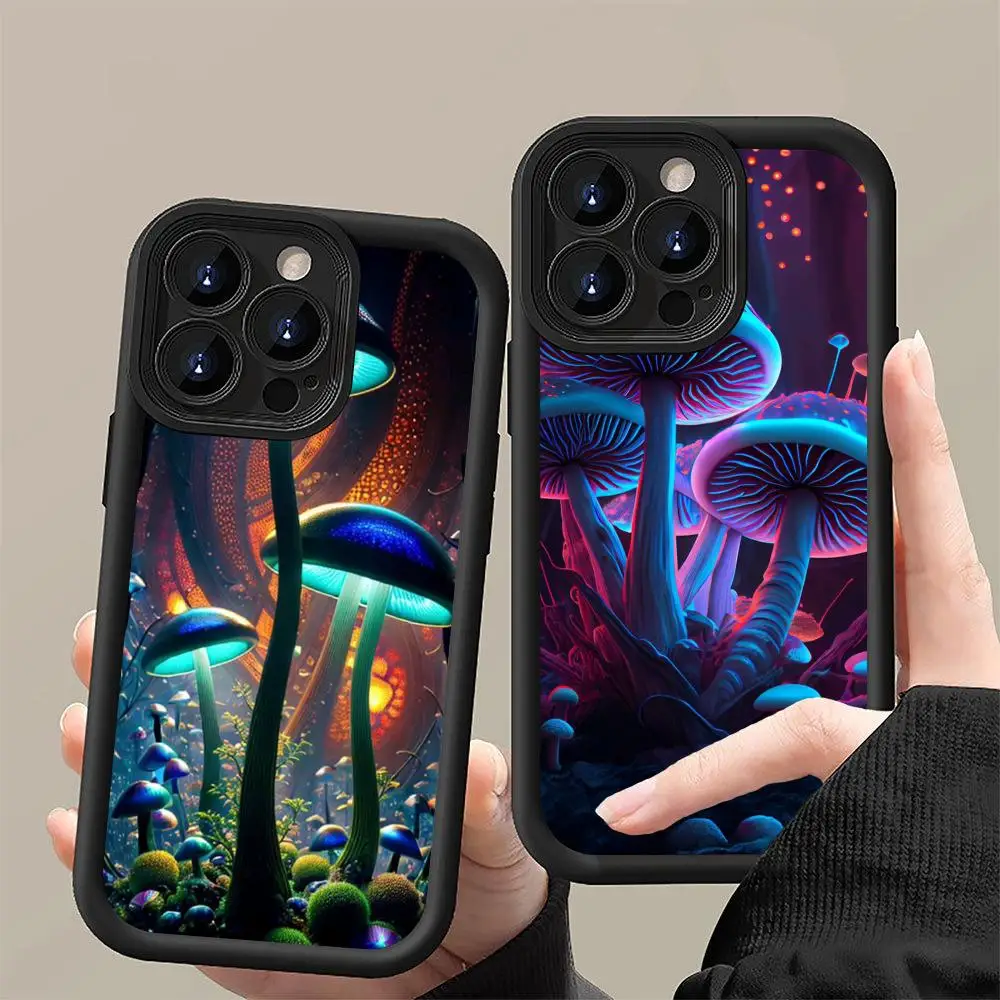 

Neon Mushroom Phone Case for iPhone 17 16 15 14 13 12 11 Air Pro Max Plus Black Soft TPU Shockproof Cover