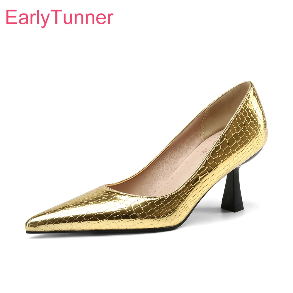 

New Spring Glossy Gold Black Women Pumps Pointed Toe High Heels Office Lady Dress Shoes Small Big Size 11 32 43 45 48