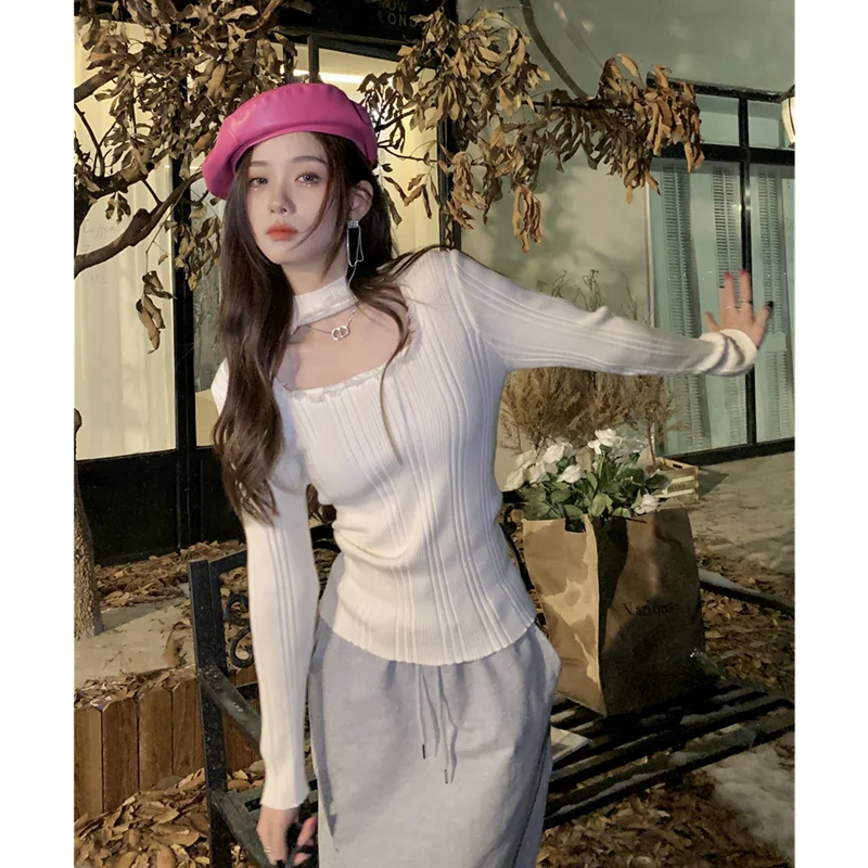 

Women's Fashion New Style Sense of Design Square Neck Sweater Self-cultivation Versatile Temperament Blouse Autumn and Winter