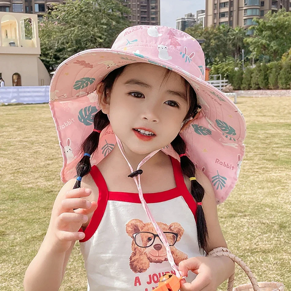 

Summer Kids Bucket Hats Adjustable Windproof Rope With Whistle Teens UV Resistant Sunscreen Hat Fisherman Hat Large Brim Sun Cap
