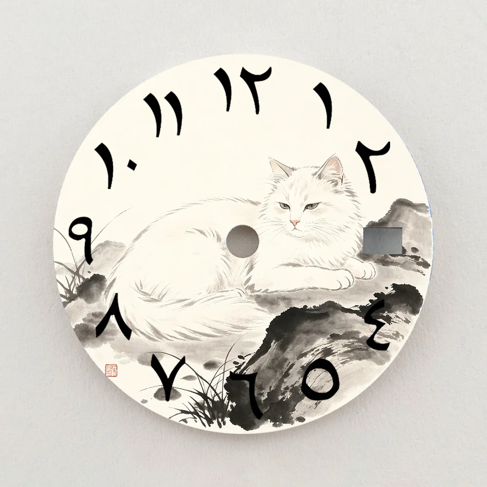 28.5mm NH35 Dial Oriental Ink White Cat Clock Dial Arabic Numeral NH36 Dial Watch Accessories Fit NH35/NH36 Movement Custom Logo