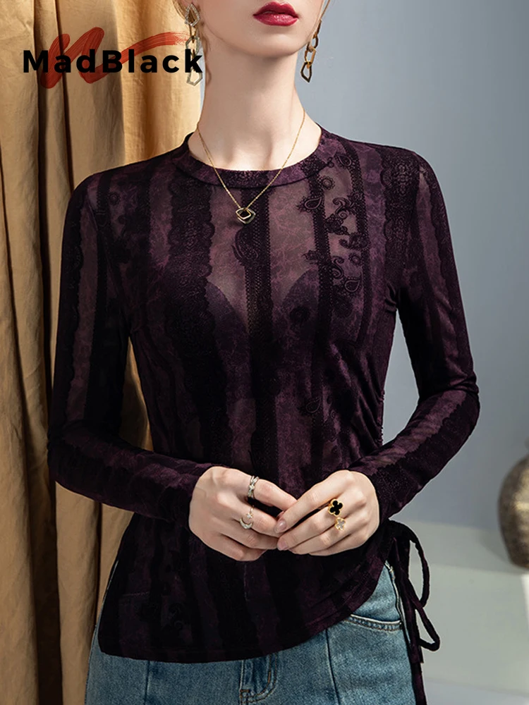 

MadBlack-Women European T-Shirt, Sexy O Neck Lace Patchwork, Streetwear Long Sleeve Slim S-3XL Sheer Tee, 2025 Winter T5D163CC