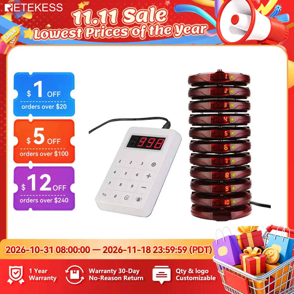 RETEKESS TD158 Restaurant Pagers Vibrator Coaster Buzzers Receiver Waterproof Keyboard for Food Truck Bar Cafe