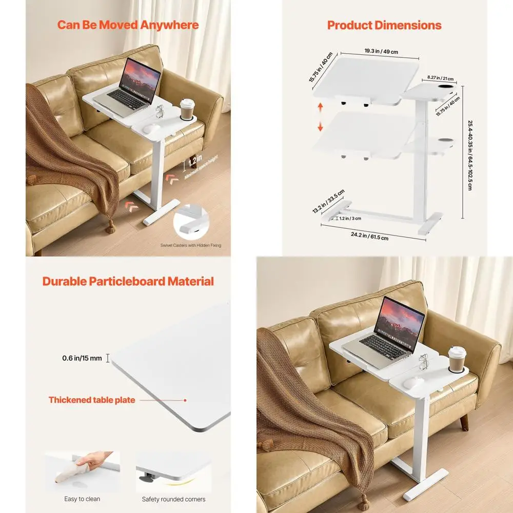 مكتب كمبيوتر محمول متنقل بارتفاع قابل للتعديل مع سطح مائل وحامل أكواب، طاولة محمولة فوق السرير للمنزل والمكتب والدراسة - أبيض #1