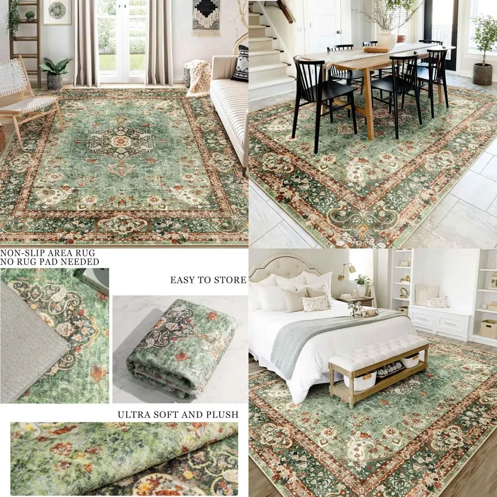 

Моющийся 8x10 зеленый богемный винтажный потертый восточный коврик для гостиной, спальни, столовой - большой размер, идеально подходит для